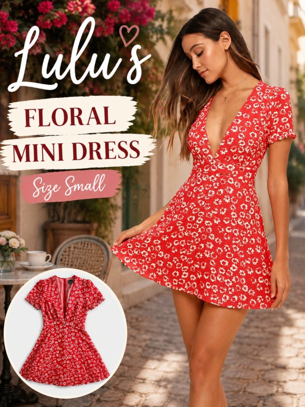 Lulu’s Red Floral Plunge Mini Dress Size Small